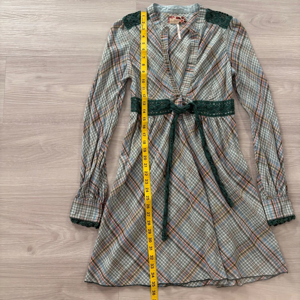 Free People Plaid Mini Dress Women Green Crochet Lace Empire Waist Long Sleeve 6 - Picture 5 of 14